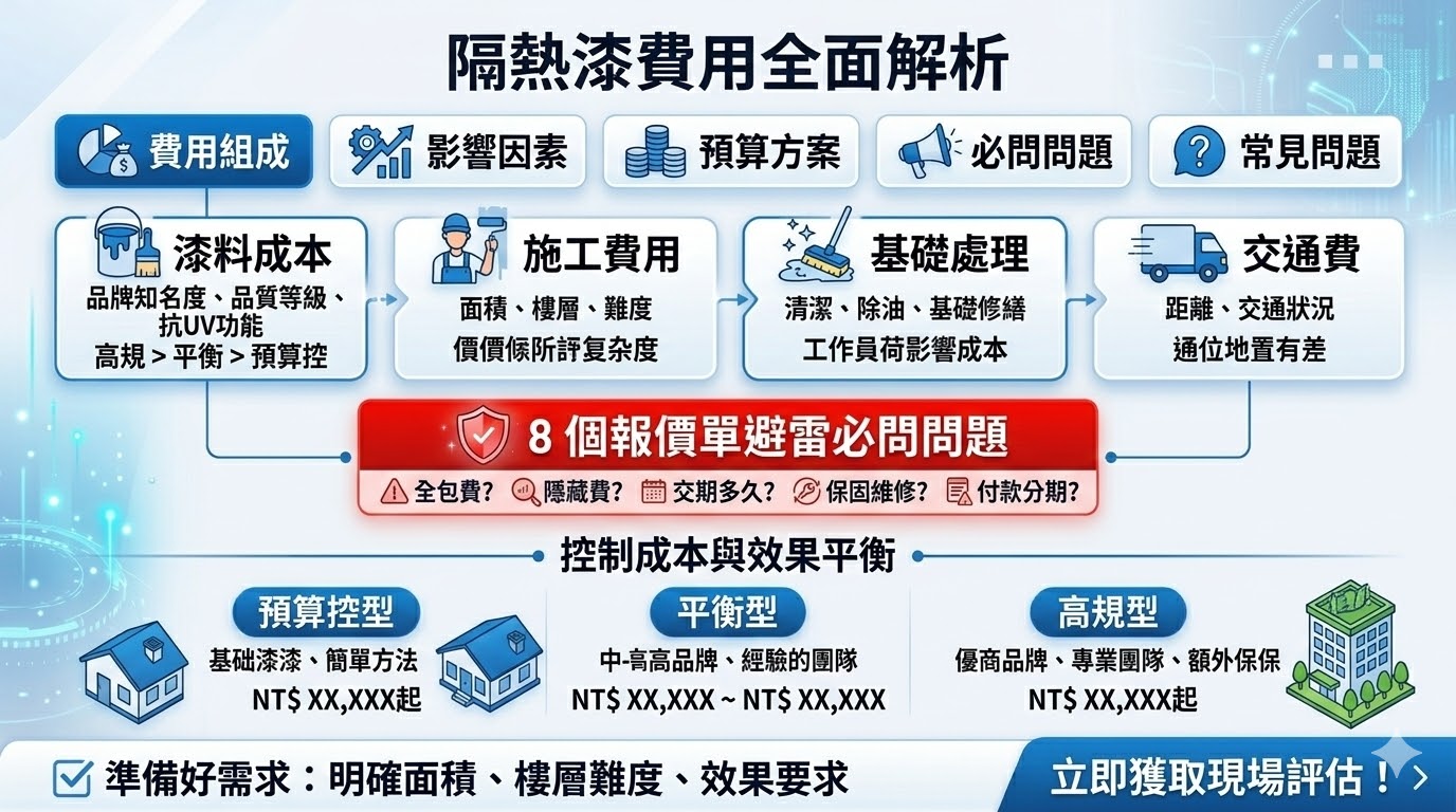隔熱漆是一種專門用來減少熱量傳導的塗料，廣泛應用於住宅、商業建築及工業設施中。它不僅能有效降低室內溫度，還能提高能源效率，減少空調負擔。了解隔熱漆的費用組成是選擇合適產品的重要步驟，消費者應該關注漆料品牌、施工費用及基礎處理等因素，並確保報價單中沒有隱藏費用。